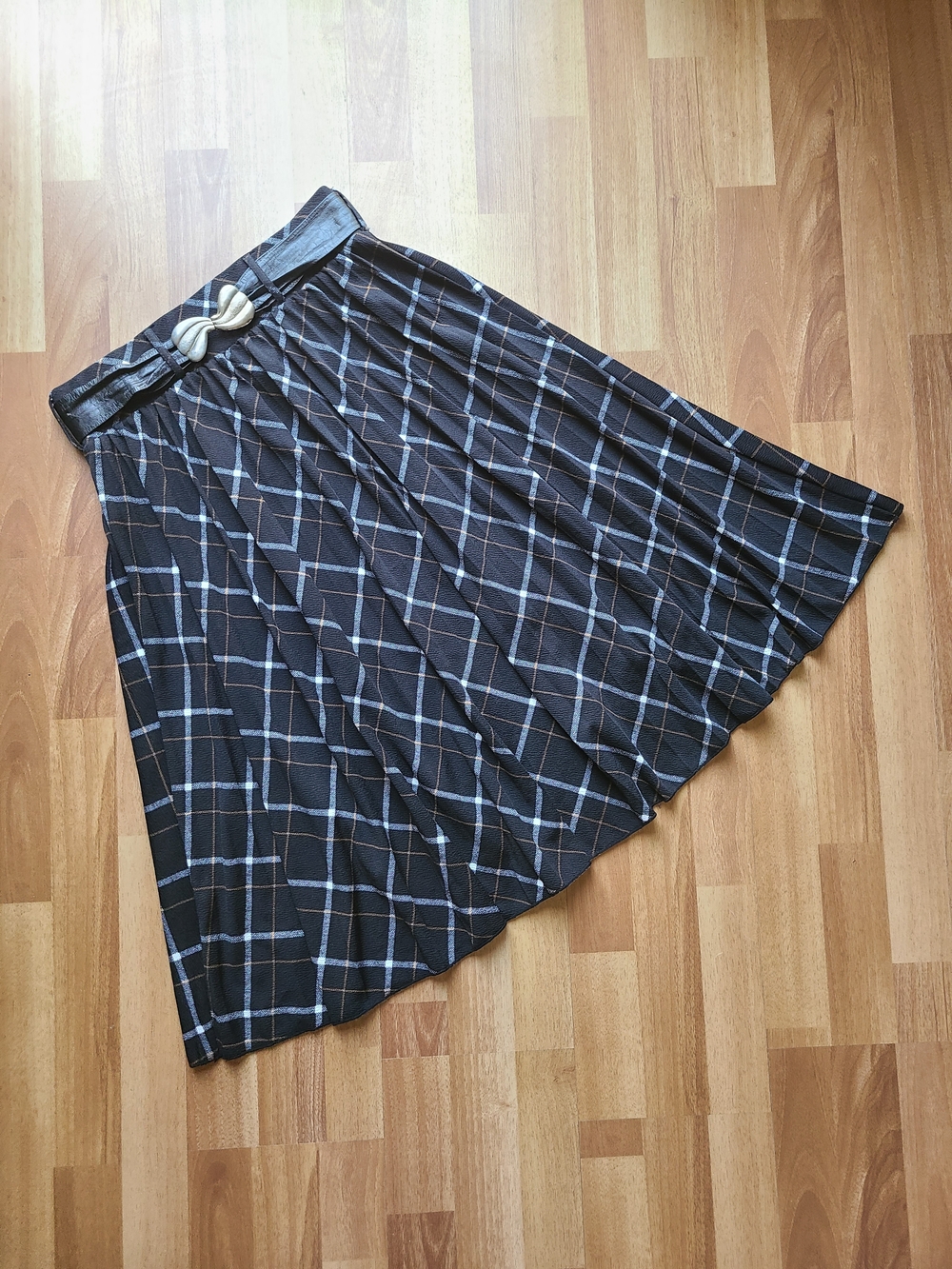 Lark + Grey Plaid Pleated Circle Skirt w/ vintage leather belt